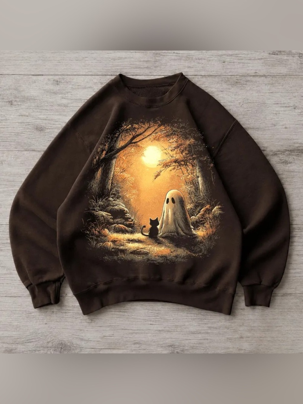 NEW Ghost & Cat Forest Graphic Sweatshirt - Dark Brown Vintage For Unisex